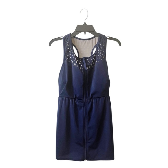 Lane Bryant Cacique Swim Top Women's Size 18 Navy Laser Cut Front Zip Sleeveless - Picture 2 of 7